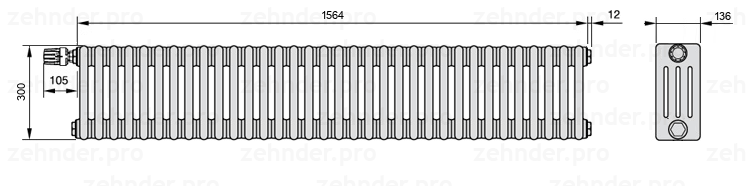 Схема (чертеж) Радиатор Zehnder Charleston 4030/34 №V011 Белый глянцевый RAL 9016